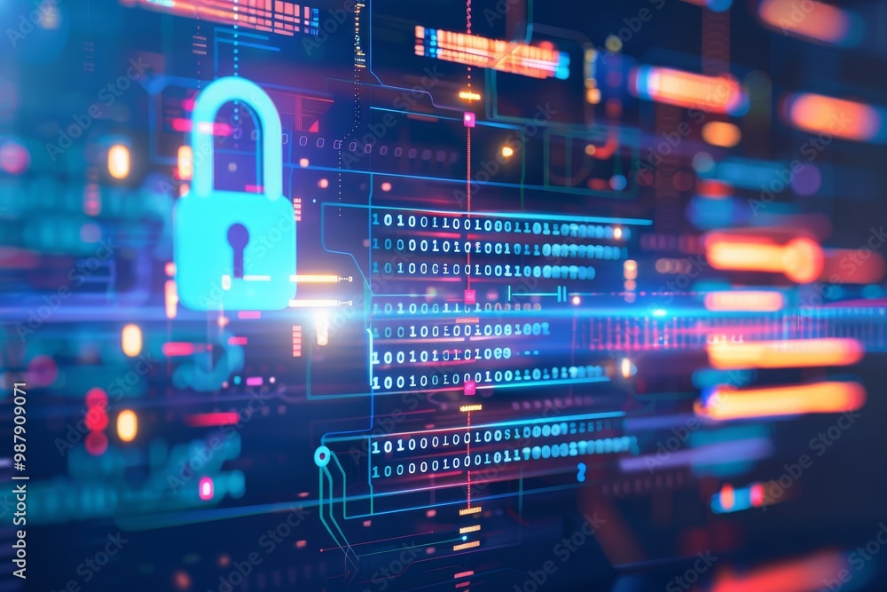 Poster Colorful digital lock surrounded by numbers, symbolizing data encryption and the importance of cybersecurity in protecting sensitive information in a digital world.