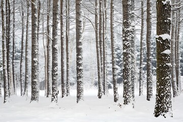 Fototapeta premium Snowy Forest Path with Tall Pine Trees in Winter