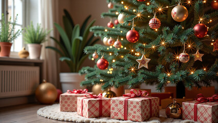  A well-decorated Christmas tree surrounded by presents.