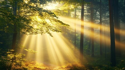 Sunbeams Illuminating a Forest Path Through Misty Trees