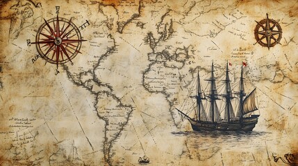 Old hand drawn map with vintage sailing yachts, Pirate adventures, treasure hunt and old transportation © MR. INVINCIBLE