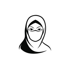 a woman wearing a hijab and a face covering, emphasizing her eyes and facial expression, vector silhouette, 