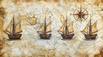 Old hand drawn map with vintage sailing yachts, Pirate adventures, treasure hunt and old...