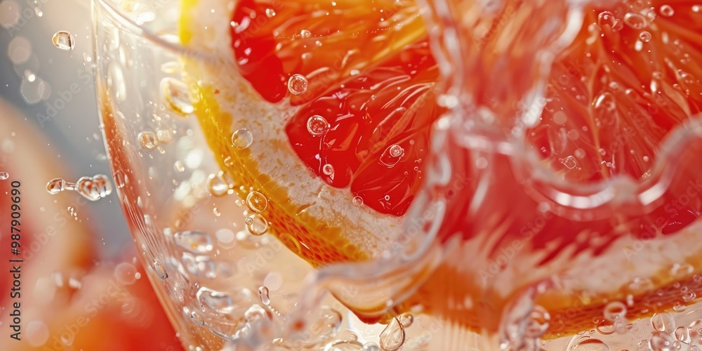 Poster detailed view of a grapefruit segment with juice cascading into a glass.