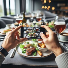 Close-up of hands using a mobile phone to take a picture of a meal in a trendy restaurant