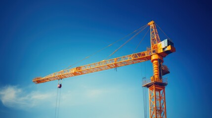 Another view of a towering construction crane, this time extending its long arm against a backdrop of a deep blue sky, emphasizing its impressive reach.
