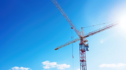 A towering construction crane extends into a clear blue sky, symbolizing progress and modern engineering beneath the sunlight.