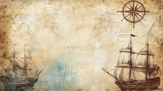 Old hand drawn map with vintage sailing yachts, Pirate adventures, treasure hunt and old transportation