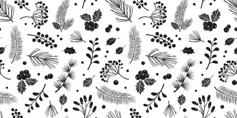 Fototapeta premium Christmas pine seamless pattern, holly berry, fir, tree, pinecone, leaves, mistletoe. Branch and sprig, floral winter background. Black and white design bg, plant element. Nature vector illustration