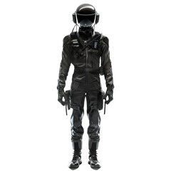 Naklejka premium Futuristic soldier in a black combat suit and helmet stands at attention, ready for action