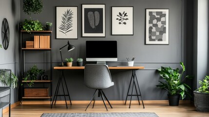 posters with patterns above a desk and computer display in a grey home office with greenery
