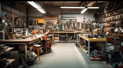 A well-stocked industrial workshop with an array of tools, workbenches, and equipment, showcasing a space ready for creative projects.