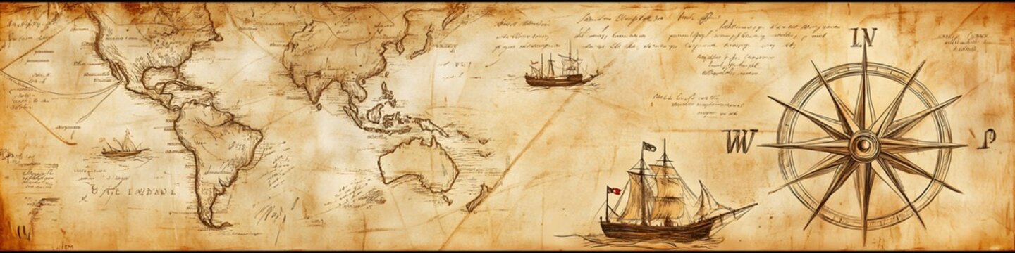 Old hand drawn map with vintage sailing yachts, Pirate adventures, treasure hunt and old transportation