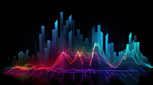 A vivid abstract display of fluctuating neon charts and graphs with bright colors against a black background.
