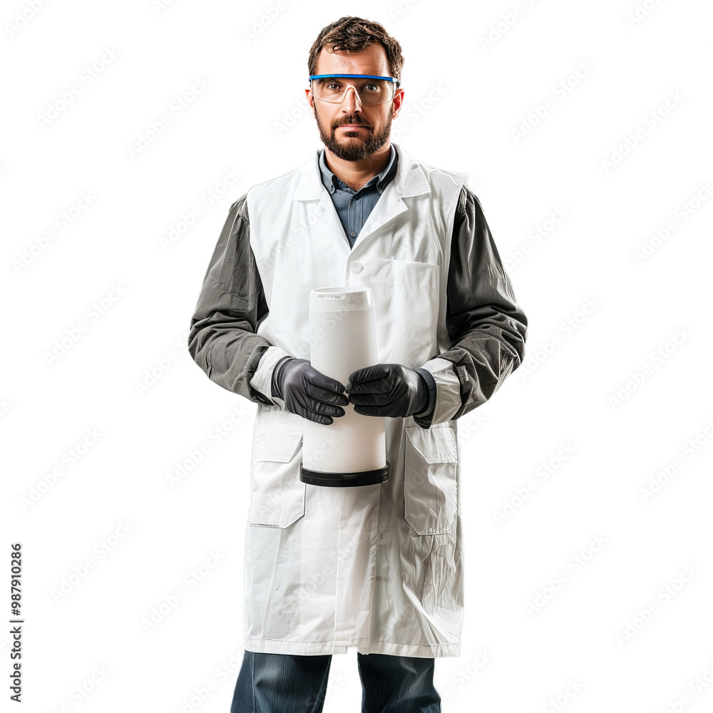 Poster scientist wearing protective goggles and gloves holding a container in a laboratory setting