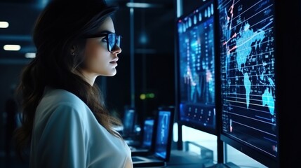 A woman in glasses analyzes global data on a large screen filled with world charts and graphs in a high-tech workspace.