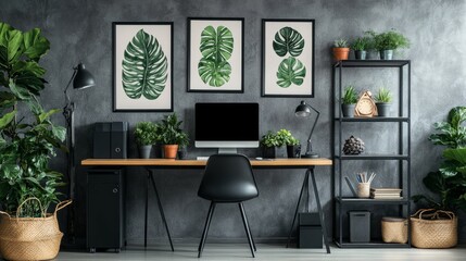 posters with patterns above a desk and computer display in a grey home office with greenery
