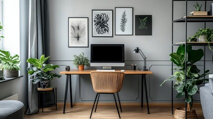 posters with patterns above a desk and computer display in a grey home office with greenery

