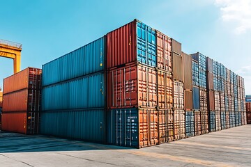 Shipping containers stacked in port yard, industrial logistics and import/export concept