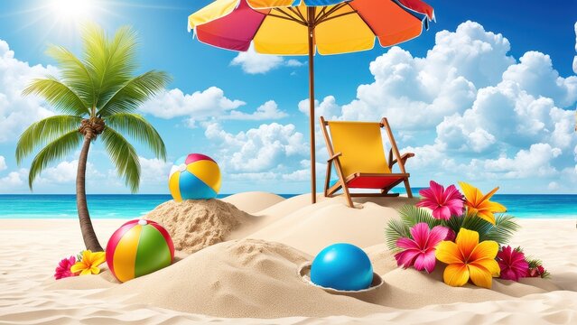 A vibrant beach scene with an umbrella, chair, beach balls, and tropical flowers.