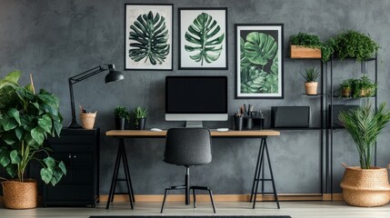 posters with patterns above a desk and computer display in a grey home office with greenery
