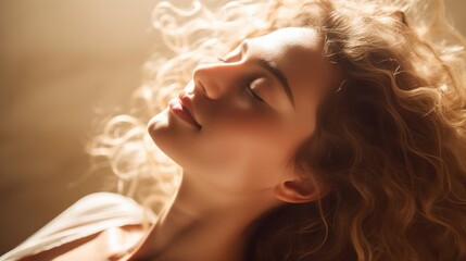 Fototapeta premium A young woman with her eyes closed enjoys a moment of peaceful reflection, bathed in soft, golden sunlight, exuding tranquility and contentment.