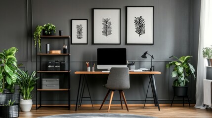 posters with patterns above a desk and computer display in a grey home office with greenery
