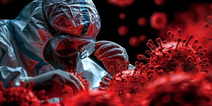A scientist in protective gear examines dangerous virus samples in a high-security laboratory, highlighting the critical role of research in combating infectious diseases.