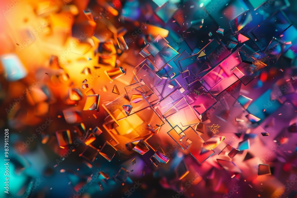 Poster Abstract explosion of colorful crystals in a dynamic digital design, capturing vibrant light and geometric patterns with a sense of motion and energy.