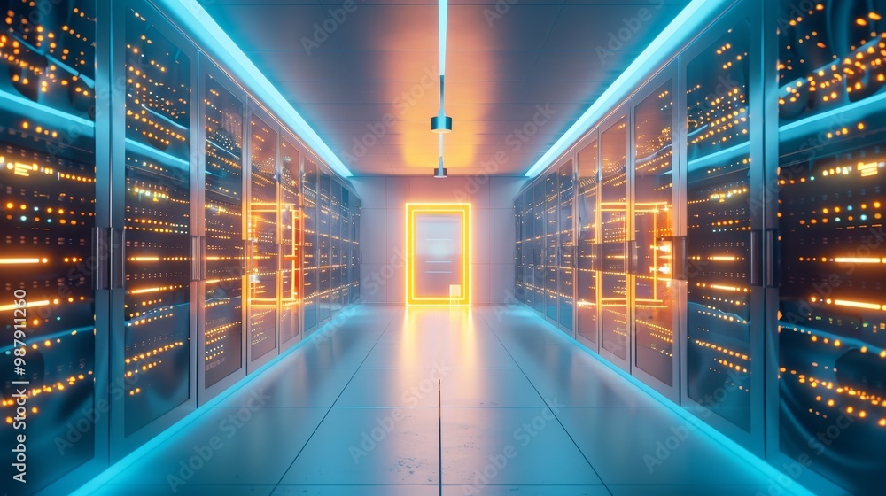 Poster a futuristic data center corridor with glowing lights and rows of server racks, highlighting a high-