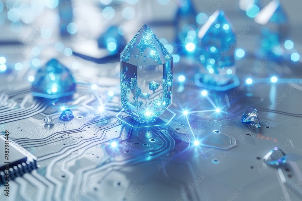 Aufkleber blue crystals glowing on a digital surface, representing the fusion of technology and natural elemen