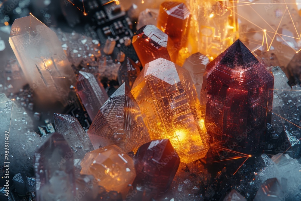 Poster Glowing crystal structures on a dark surface, combining elements of modern technology and natural forms in a futuristic, digital art concept.