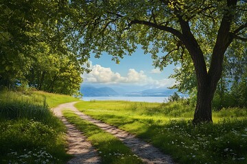 Obraz premium Scenic Path through Green Meadow with a Tree and View of the Lake and Mountain in Background