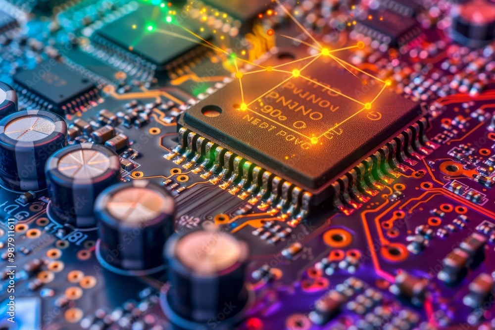 Aufkleber Close-up view of a microprocessor on a circuit board, highlighting the intricate connections and technology involved in modern electronics and digital systems.