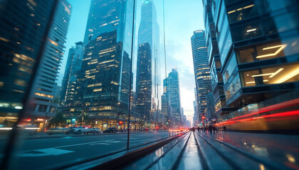 Obraz premium Dynamic urban scene with futuristic skyscrapers and reflections, capturing modern real estate excitement.