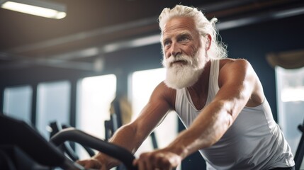 A senior man with white hair and a beard biking energetically in the gym, embodying vitality and a fit lifestyle.