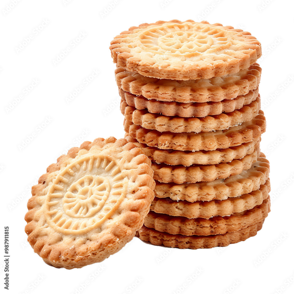 Aufkleber stack of round butter cookies with a decorative pattern on top, isolated on white