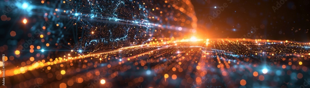 Poster a vibrant, abstract depiction of light trails and particles, highlighting dynamic energy and movemen