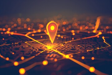 Abstract digital map with glowing location pin, representing modern GPS technology and precise navigation in a high-tech, connected digital world.