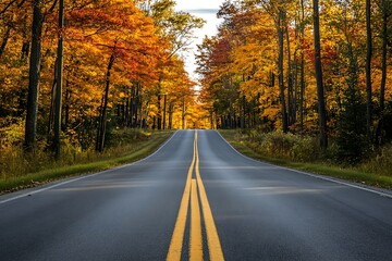 Fototapeta premium Empty asphalt road through colorful autumn forest. Concept of journey, travel, and nature