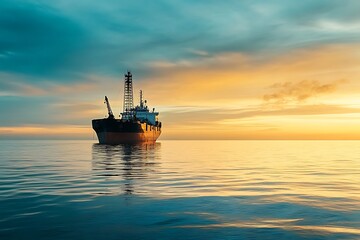 Obraz premium Silhouetted offshore oil rig at sunset on the ocean. Dramatic view of the oil and gas industry.