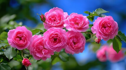 Vibrant Pink Roses in Full Bloom Against a Bright Sky