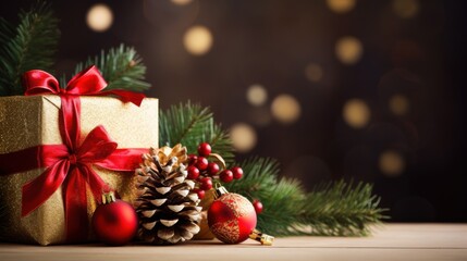 A golden gift box with a red ribbon, surrounded by pine cones and red baubles, brings a touch of elegance and festivity against a soft, glowing background.