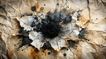 Black Ink Splatter with Irregular Blotches on Torn White Paper Mixed-Media Collage with Visible Texture and Off-White Background