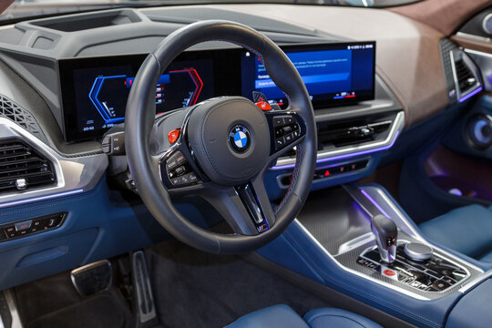 BMW XM 50e hybrid car from the German brand. Steering wheel, dashboard. BMW XM luxury crossover SUV manufactured by the German automobile manufacturer BMW. 