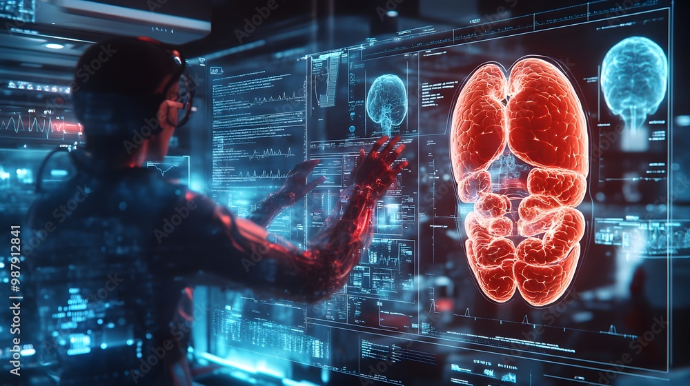 Poster a person interacting with a digital interface displaying a human brain model