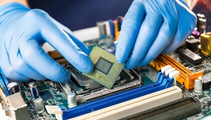 Hands of person repairing computer motherboard using gloves