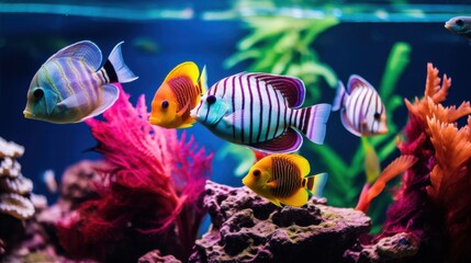 Naklejka premium Glowing tropical fish swim in a colorful aquarium filled with vibrant coral and aquatic plants, creating an enchanting underwater scene.
