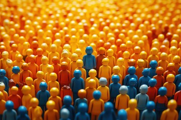 Obraz premium A multitude of colorful figurines, with one standing out in blue among the orange, symbolizes individuality and diversity in a collective.
