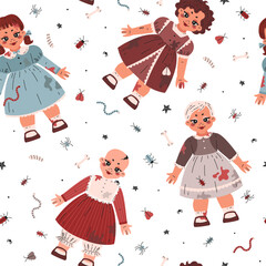 Seamless Pattern of creepy, scary old vintage horror movie dolls. Dolls in a beautiful dirty blue, red, brown dress, covered in blood, with a worm, a spider, a cockroach and a moth. Haloween.